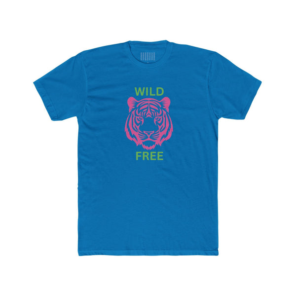 Blue crew neck tee with neon pink tiger graphic and lime green "WILD FREE" text, unisex cotton shirt.