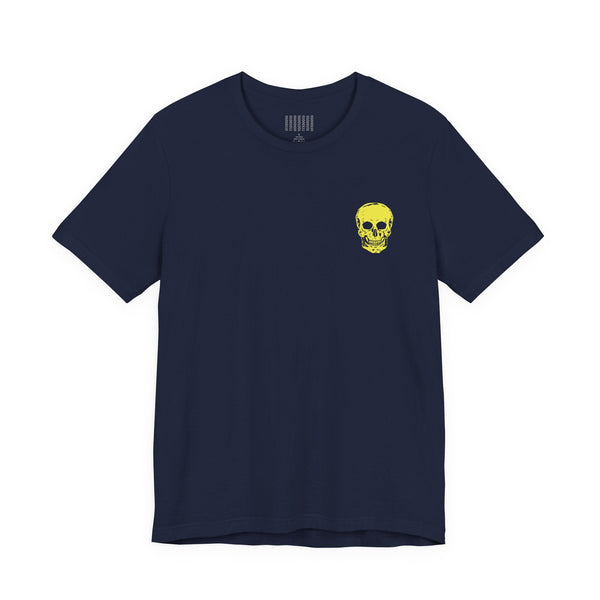 Underground style navy tee with mini yellow skull print on chest and jumbo skull graphic on back