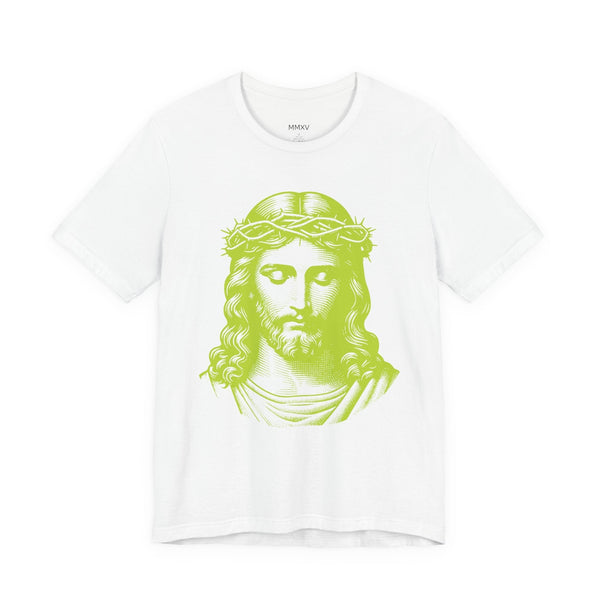 White Christian t-shirt with jumbo lime green Jesus graphic and ribbed collar