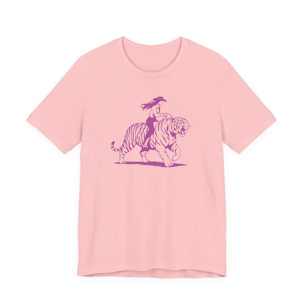 Pink tee with cowgirl riding tiger front graphic print