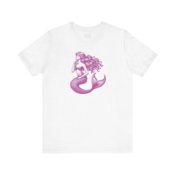 White unisex t-shirt with magenta mermaid siren graphic print mermaid t shirt