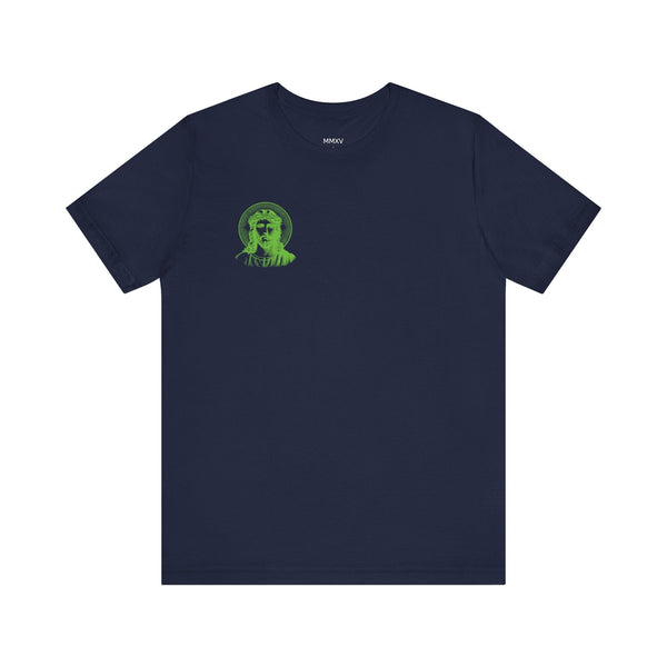 Black Jesus graphic tee with subtle green halo Jesus front left chest print, modern faith-inspired fashion