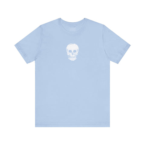 Light blue t shirt with centered small white skull graphic on chest, made from soft cotton.