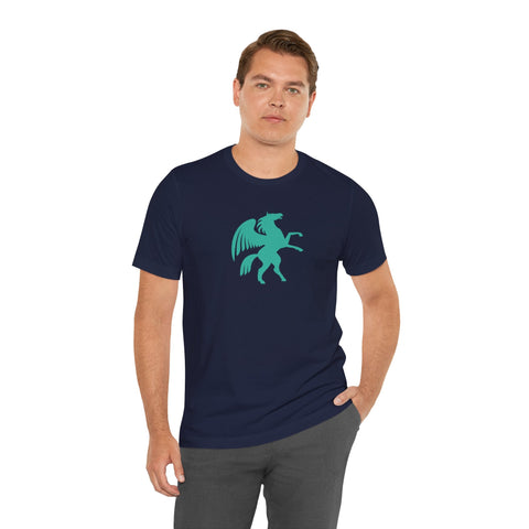 Man wearing navy unisex tee with turquoise Pegasus graphic from Fugitive Tees, made of 100% Airlume cotton