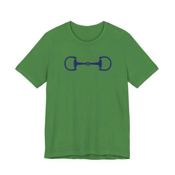 Stylish equestrian green graphic t-shirt with navy blue horse bit print on front