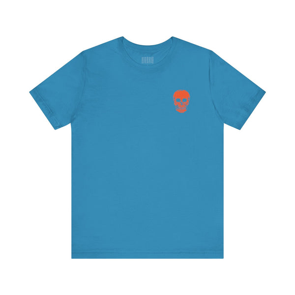 Blue t-shirt with small orange skull graphic on front for cool skull shirts style