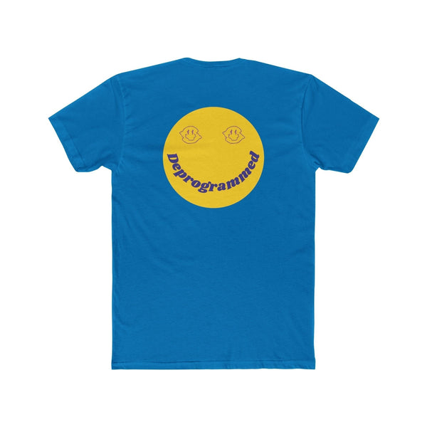 Blue unisex cotton crew tee with yellow retro smiley face and "Deprogrammed" text printed on the back