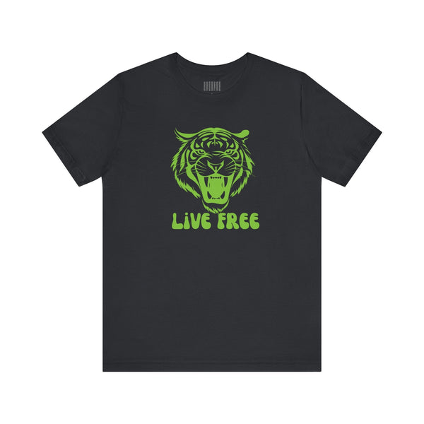 Black graphic tee with bold green roaring green tiger head and "LIVE FREE" text, streetwear style.