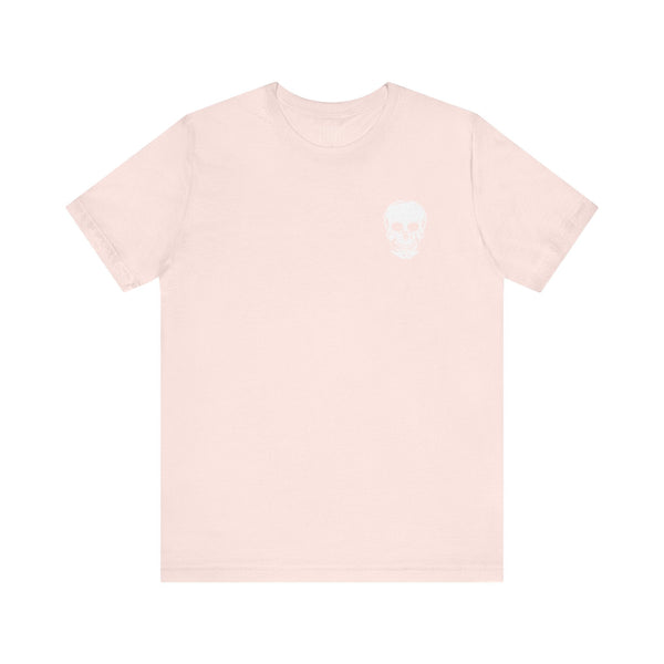 Minimalist unisex light pink skull t shirt with small white chest skull graphic, casual streetwear style