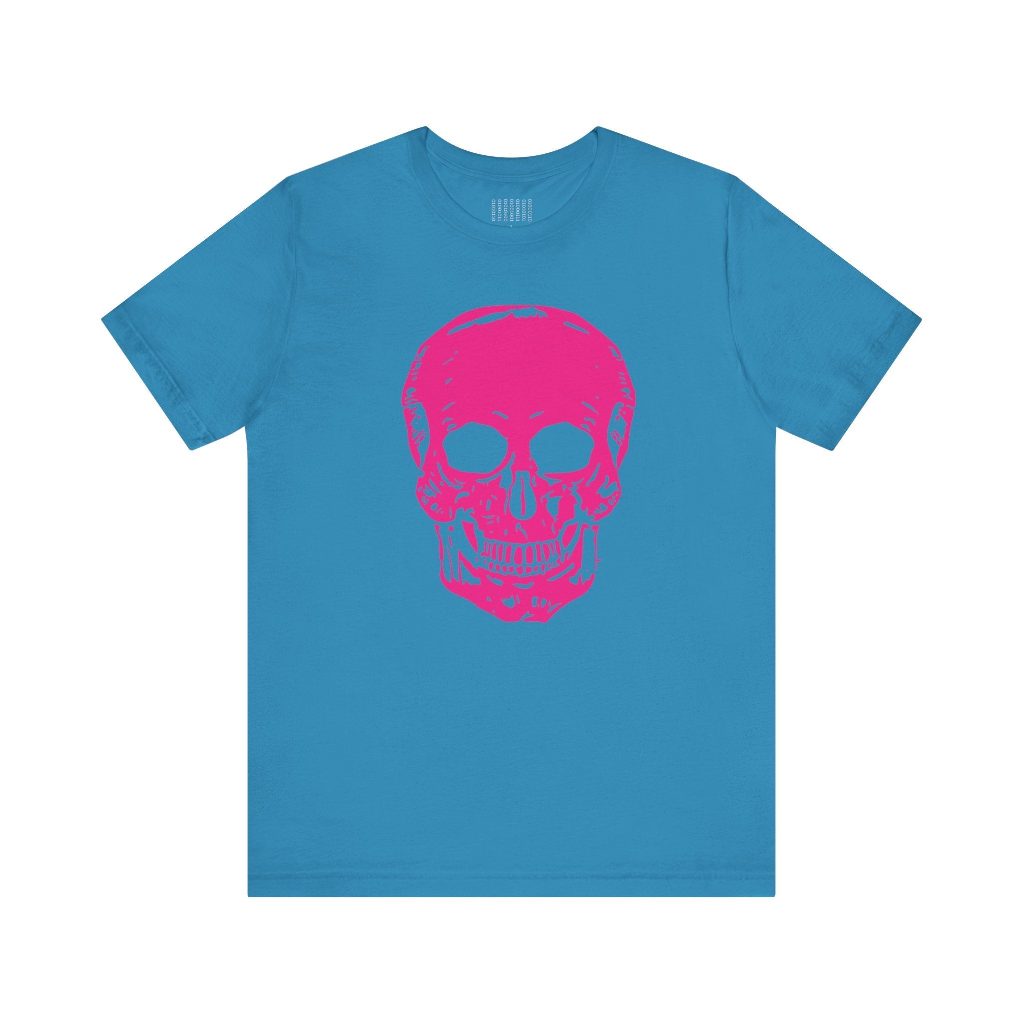 blue edgy t shirt with large neon pink skull graphic front print