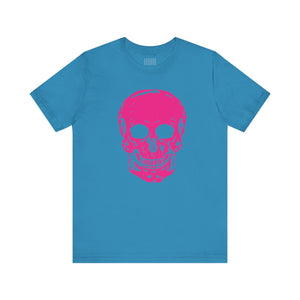 blue edgy t shirt with large neon pink skull graphic front print