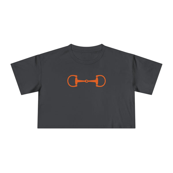 Cropped black tee with orange horsebit graphic for equestrian style and horse lovers