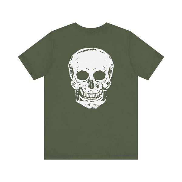 Olive green skull graphic tee with jumbo white skull print on the back and mini skull front detail