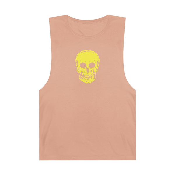 Festival style beige tank top with bold yellow skull graphic on front for streetwear