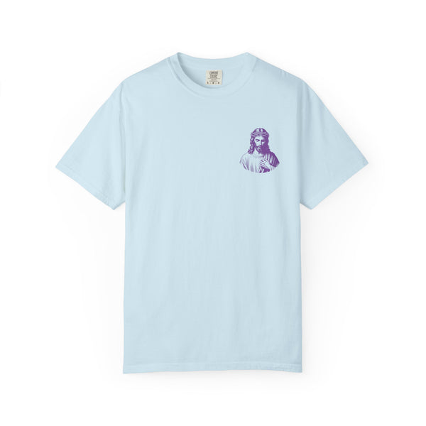 Purple Jumbo Jesus Back Print Tee with Purple Mini Jesus Front Left Graphic Tee - Iconic by Sandra Oles