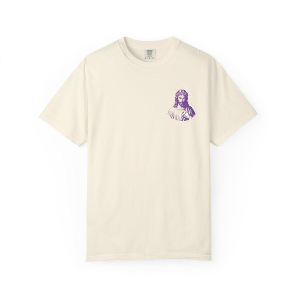 Purple Jumbo Jesus Back Print Tee with Purple Mini Jesus Front Left Graphic Tee - Iconic by Sandra Oles