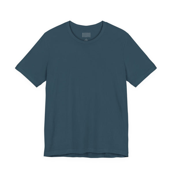 Dark blue unisex T-shirt with neon green skull print on the back and 'fugitive' text on the front, 100% cotton breathable fabric skull print t-shirt