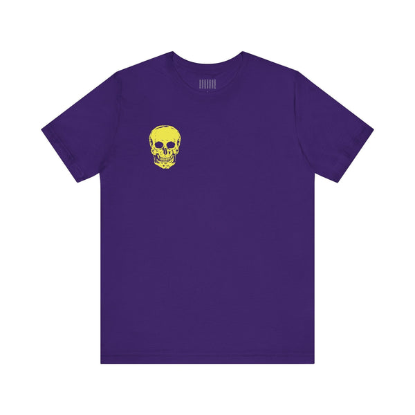 Purple streetwear tee shirt with yellow mini skull print on left chest.