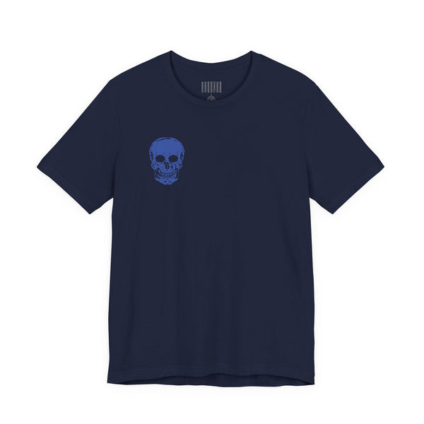 Navy blue graphic tee shirts with small blue skull print on front, made of soft cotton with ribbed collar and side seams.
