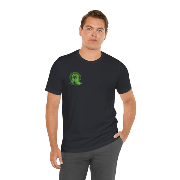Black unisex t-shirt with a small green graphic of Jesus with halo on the left chest.