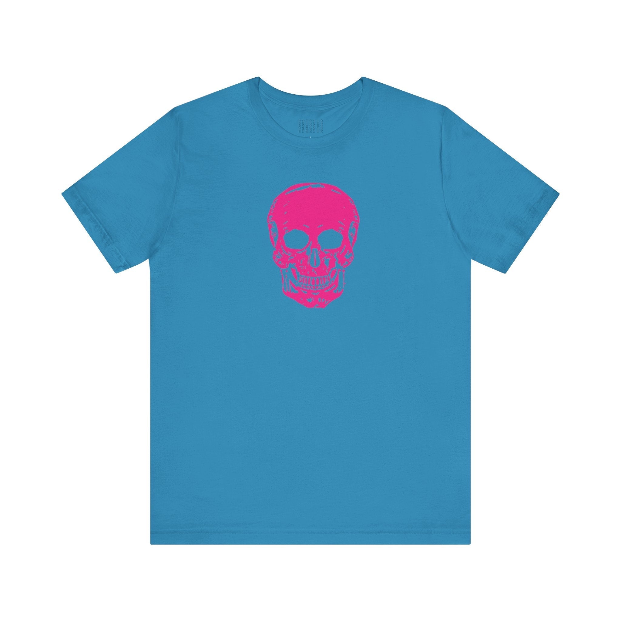 Unisex blue jersey tee with a vibrant pink skull graphic on the front, short sleeves, and ribbed collar.