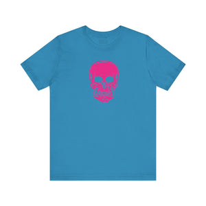 Unisex blue jersey tee with a vibrant pink skull graphic on the front, short sleeves, and ribbed collar.