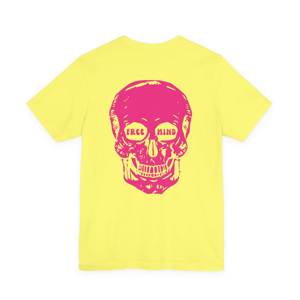 yellow tee with bold pink skull graphic and "Free Mind" text for statement streetwear