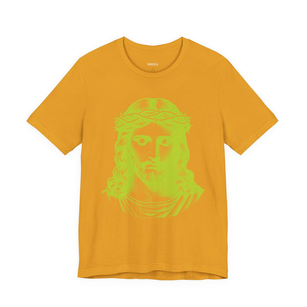 Yellow Christian t-shirt with jumbo lime green Jesus graphic and ribbed collar