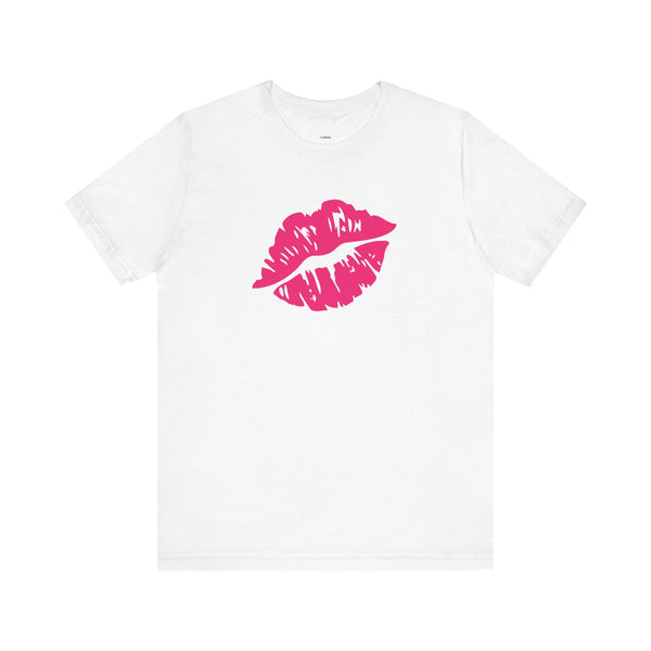 White t-shirt with bold neon pink lip print graphic on front for a vibrant lip print look