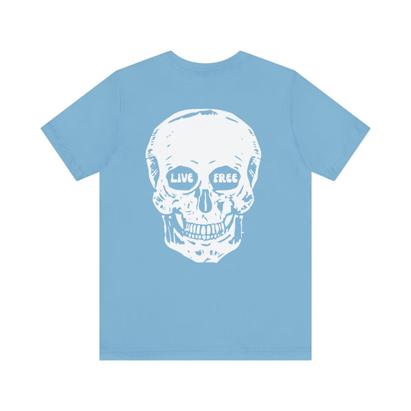 Light blue streetwear t-shirt with a large white skull graphic on the back featuring "Live Free" text in the eye sockets.