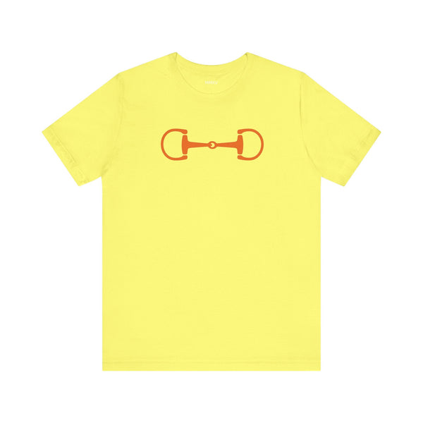 Yellow graphic tee with bold orange horsebit design, heritage equestrian streetwear style.