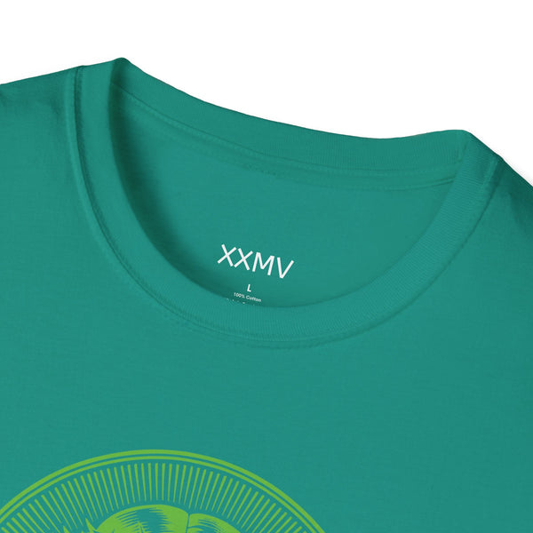 Green spiritual shirt with jumbo halo Jesus front print and ribbed knit collar by Sandra Oles