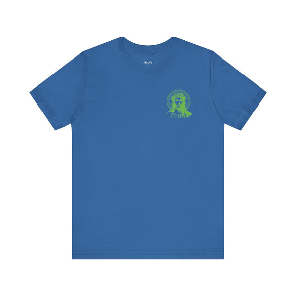 Blue graphic tee with small green Jesus with halo print on left chest, unisex cotton short sleeve shirt