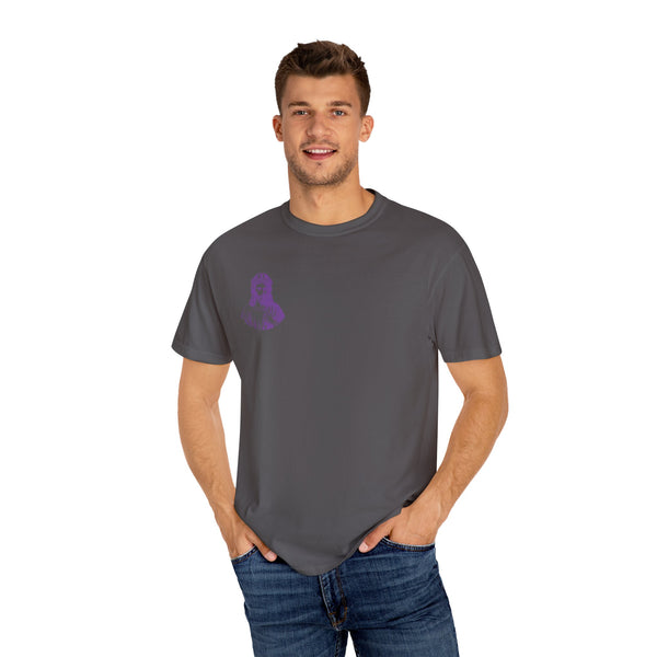 Purple Jumbo Jesus Back Print Tee with Purple Mini Jesus Front Left Graphic Tee - Iconic by Sandra Oles