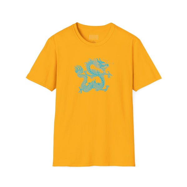 Yellow t-shirt with turquoise dragon graphic print centered
