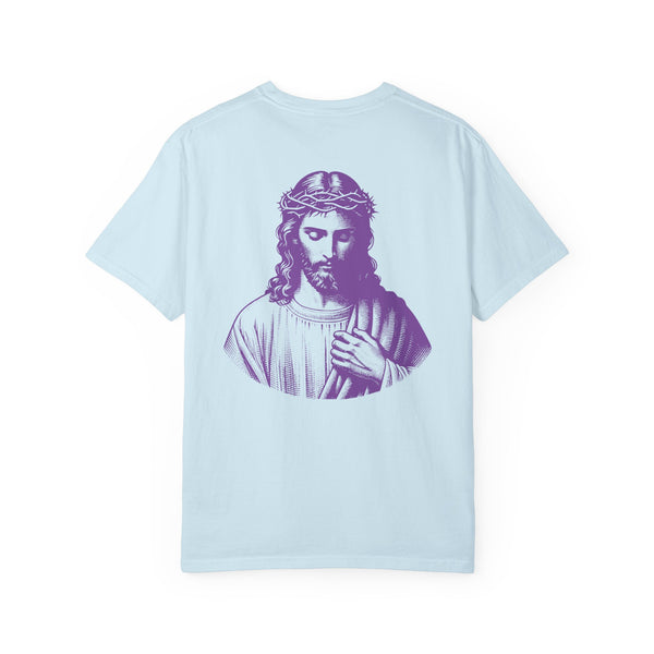 Purple Jumbo Jesus Back Print Tee with Purple Mini Jesus Front Left Graphic Tee - Iconic by Sandra Oles