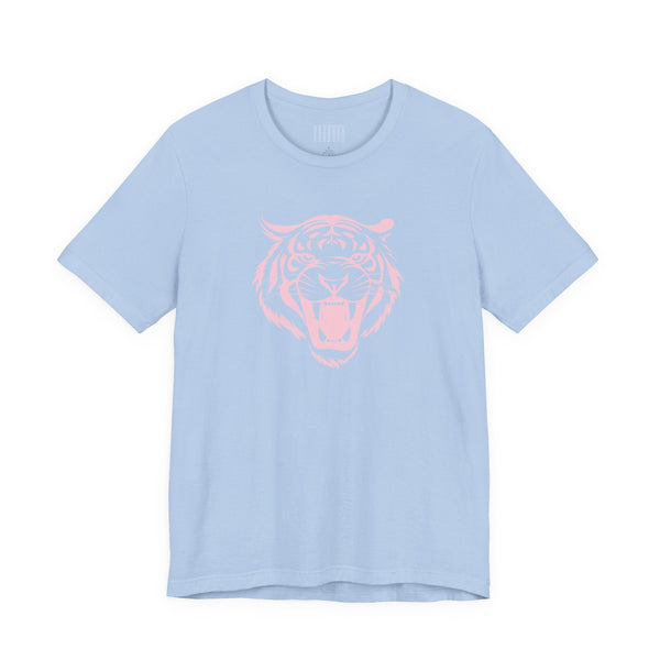 light blue aesthetic t shirt with pastel pink roaring tiger head graphic, unisex retro style tee