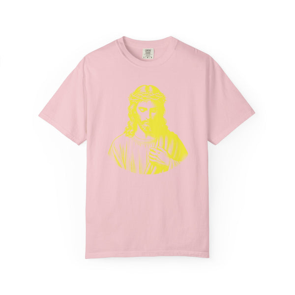 Pink unisex tee featuring yellow Jesus Crown of Thorns religious graphic print