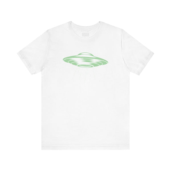 White unisex tee with celadon green retro flying saucer graphic in vintage comic style