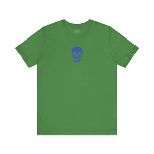 Green graphic t shirt with a small blue skull printed at the center front