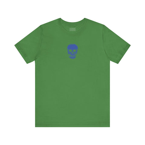 Green graphic t shirt with a small blue skull printed at the center front