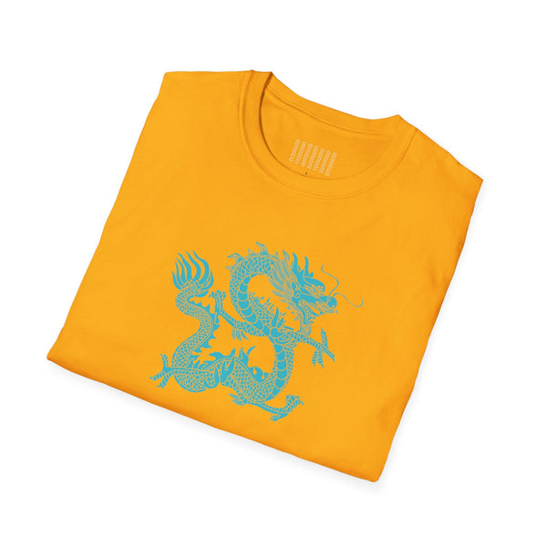 orange unisex t-shirt with turquoise dragon graphic design front mythical dragon t shirt