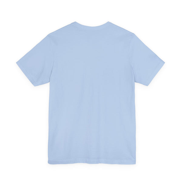 Plain light blue back view of a skull print t-shirt made of soft cotton with ribbed collar and shoulder tape