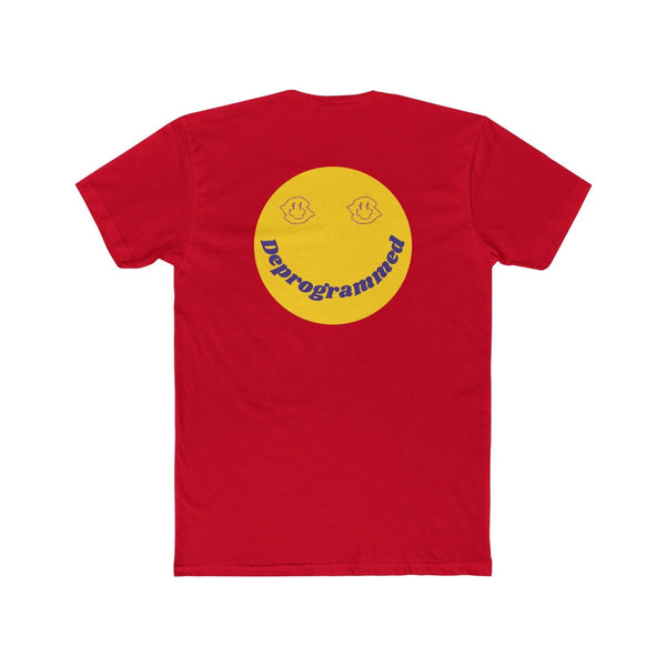 Red 1990's rave t-shirt with large yellow smiley face and "Deprogrammed" text on the back