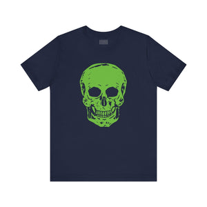 Navy t-shirt with bold neon green large skull graphic on front, punk rock style tee