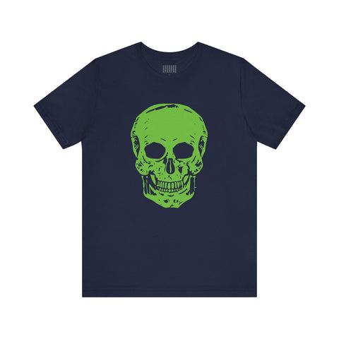 Navy t-shirt with bold neon green large skull graphic on front, punk rock style tee
