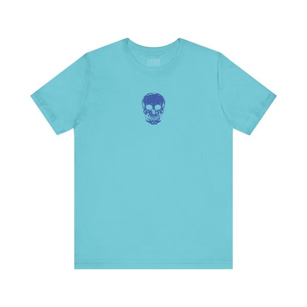 Blue graphic t shirt with mini skull design on chest by Sandra Oles