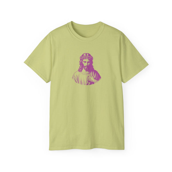 Light green t-shirt featuring a mid-scale magenta Jesus graphic in streetwear style.