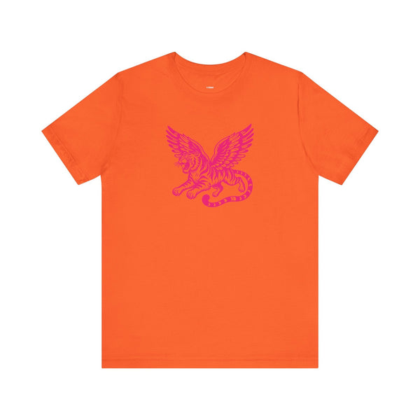 Orange streetwear mythical t-shirt with pink winged lion graphic design