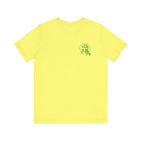 Yellow graphic tee with small green Jesus print and halo on left chest, unisex cotton t-shirt by Sandra Oles